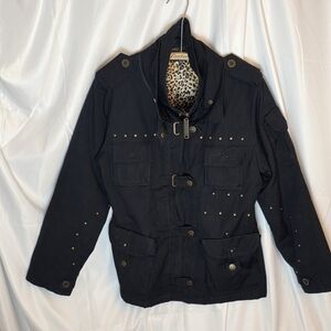 Womens Black Studded Utility Jacket with Leopard Lining